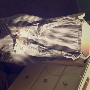 Grey & white stripes off the shoulder dress